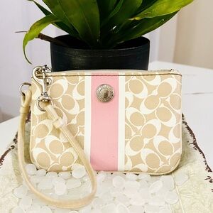 Coach Signature Beige and Pink Wristlet